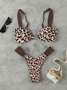 New Leopard Print Ruched Sexy Elegant Beach Vacation Party Bikini Set For Women, Spring/Summer - Multicolor - View 2