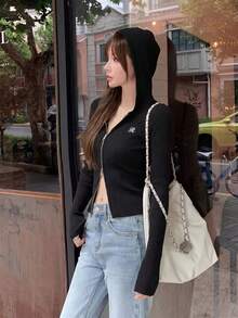 Áo khoác cardigan dệt kim gân có mũ, áo len đa năng ôm dáng với khóa kéo đôi, áo tay dài mỏng với thêu chữ, màu đen mùa xuân/hè. - màu đen - Xem 2