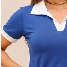 Women's Short Sleeve Blouse In Viscolycra V-Neck Polo - Royal Blue - View 6