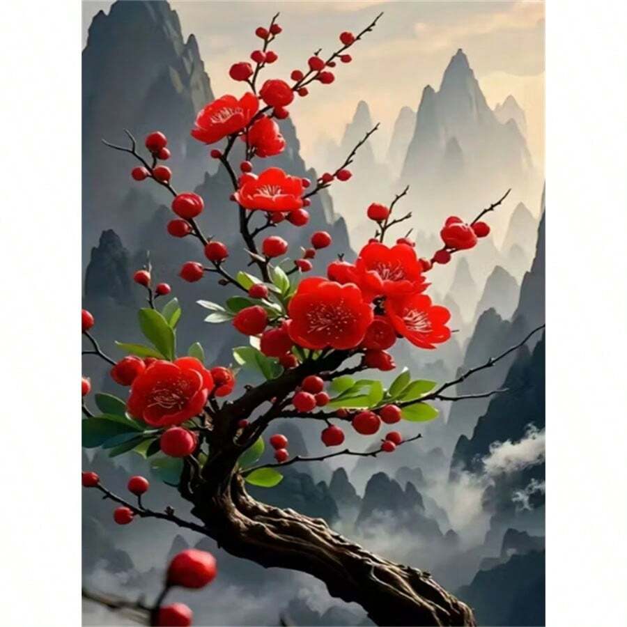 新品热销5D DIY钻石画套装 - 盛开的梅花，全圆钻马赛克艺术品（无框），创意家居办公墙面装饰