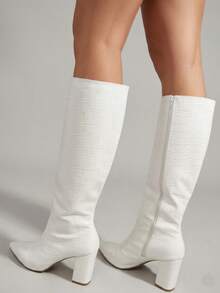 Women's Knee-High Boot With Thick Block Heel, 8cm Heel - White 8CM - View 1