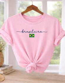 Women's Brazilian Cup T-Shirt 100% Cotton Minimalist Print Casual Comfortable Sizes S-XL - 淺粉色 - 查看 1