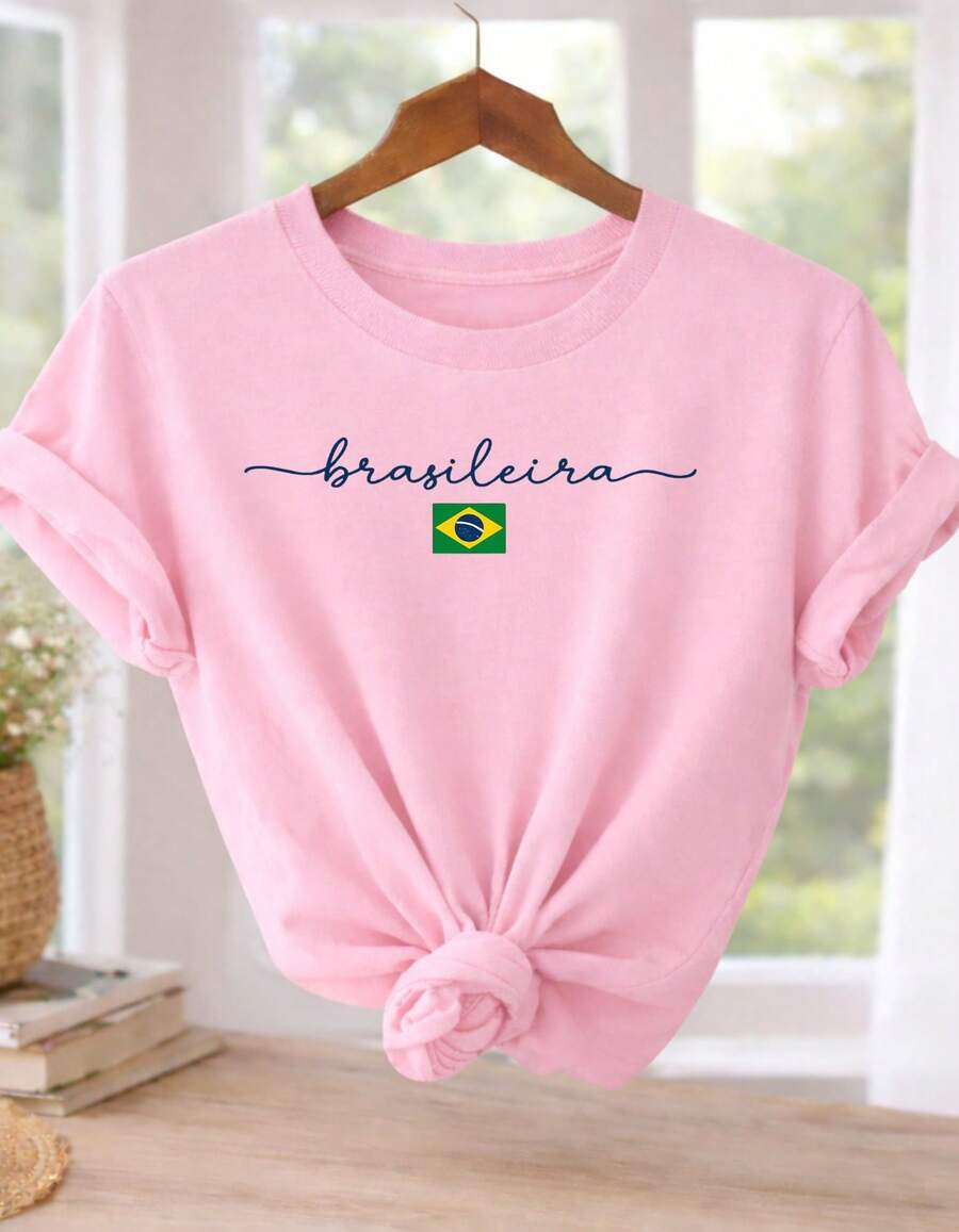 Women's Brazilian Cup T-Shirt 100% Cotton Minimalist Print Casual Comfortable Sizes S-XL - 淺粉色 - 查看 1