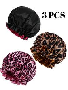 Bộ 3 mũ tắm hai lớp phối màu tương phản bằng satin viền ren, băng đô cài tóc, phù hợp cho cả tóc dài và tóc ngắn. - Họa tiết da báo hồng + họa tiết da báo vàng + hoa hồng đỏ đen - Xem 2