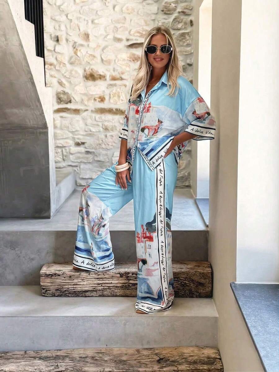两件套女士休闲派对套装,包括带纽扣装饰的翻领衬衫和阔腿裤,夏季优雅款。 - 淺藍色 - 查看 1