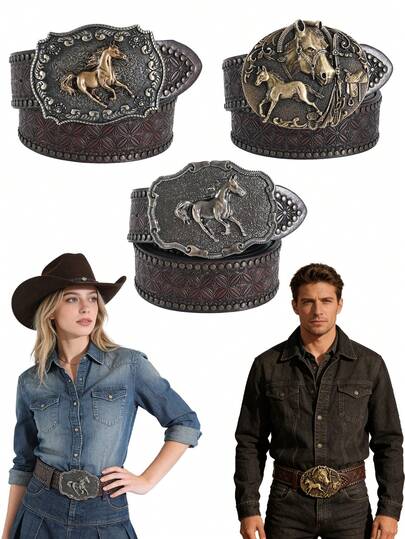 Unisex Punk Embossed Horse Head Belt