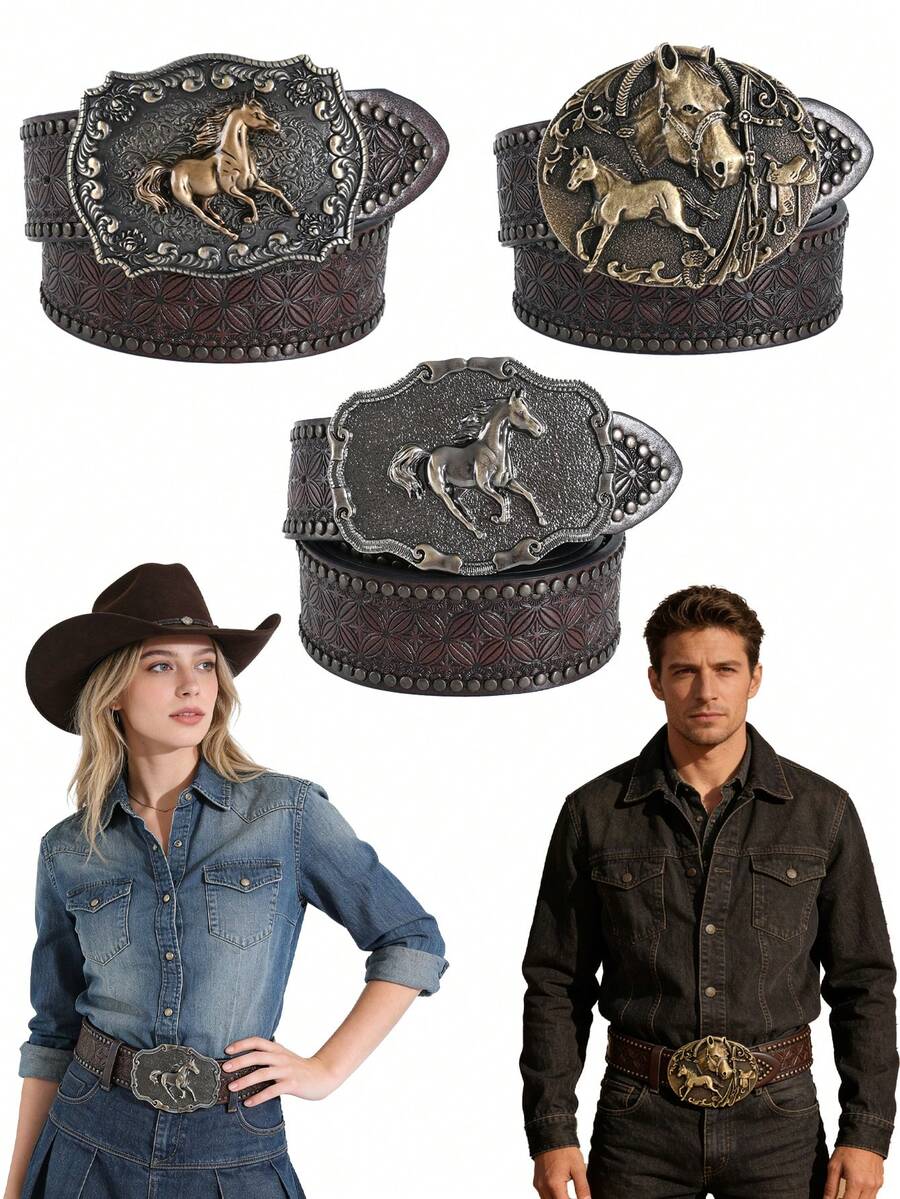Cinturón unisex con cabeza de caballo en relieve, estilo punk - Multicolor - Ver 1