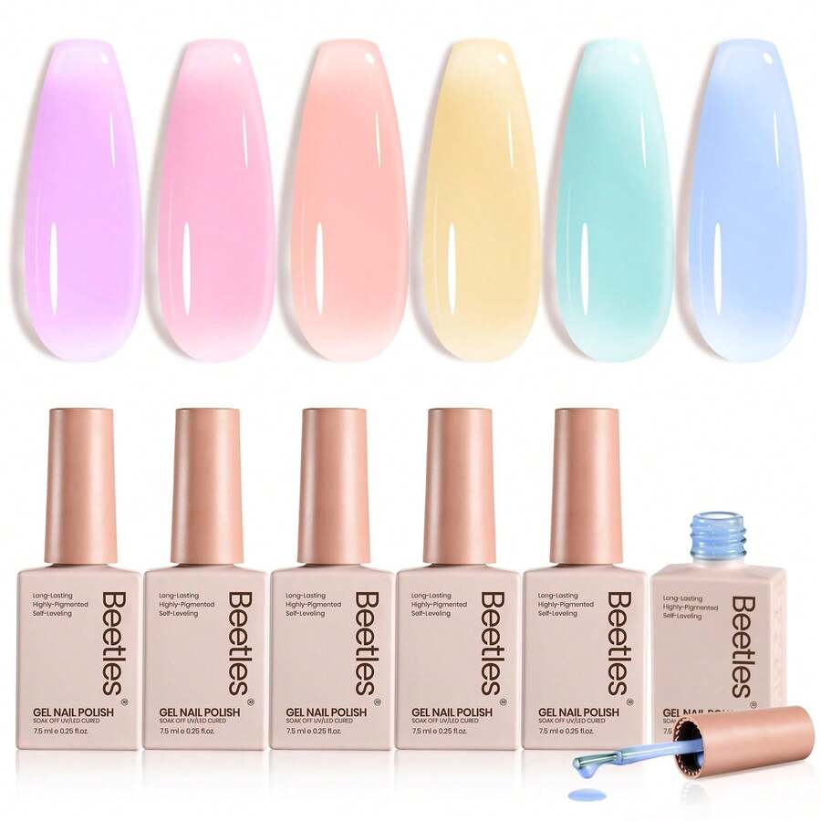 Beetles Gel Polish Whispers Of Love Jelly Gel Nail Polish Set - 6 Colors Milky White Nude Pink Neutral Sheer Translucent Soak Off UV Gel Nail Kit - 6 Colors Macaron Dream - 查看 1