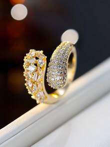 1pc Exquisite Zirconia Inlaid Ring With Asymmetrical Open Design, Elegant Style Suitable For Commuting And Versatile Wear - Open Ring - View 7