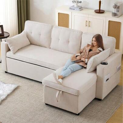 Schlafsofa Mit Schlaffunktion, L-Förmiges Sofa, Modern Design, Polstermöbel, Sofa, Loungesessel Mit Stauraum, Mit Getränkehalter, Wohnzimmer-Schlafsofa, Links Und Rechts Austauschbar