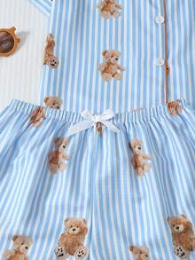 Bộ đồ ngủ nữ 2 món, áo tay ngắn cổ bẻ in hình gấu sọc có túi và quần short thắt nơ, đồ mặc nhà. - Màu xanh lam - Xem 6
