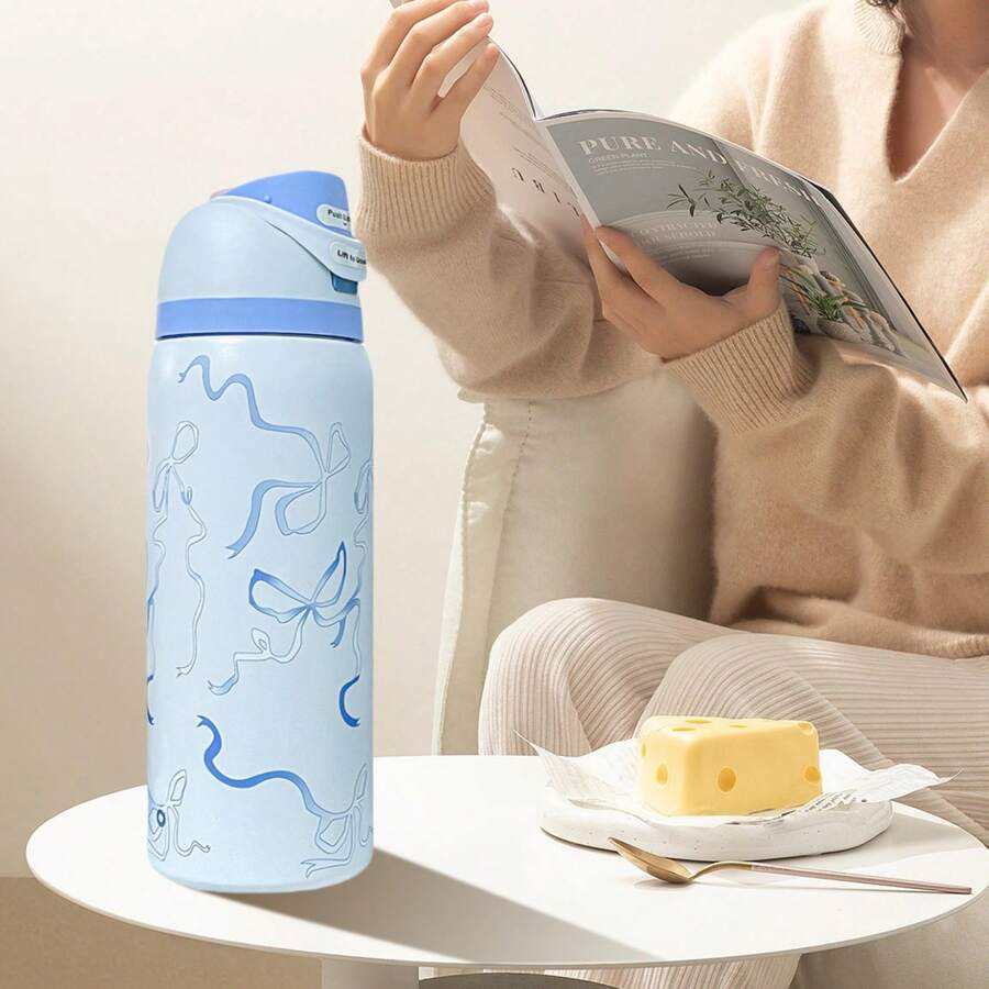 O-Wal-A Blue Ribbon Water Glass Vacuum Flask With Straw 24oz/32oz,Can Be Used For Outdoor Sports, Heat Preservation Time Cold And Hot Water Can Be Insulated, Frozen Drinks, Beautiful Appearance, Exquisite Workmanship, Suitable For Camping, Work, Indoor Use. - 藍白色 - 查看 1