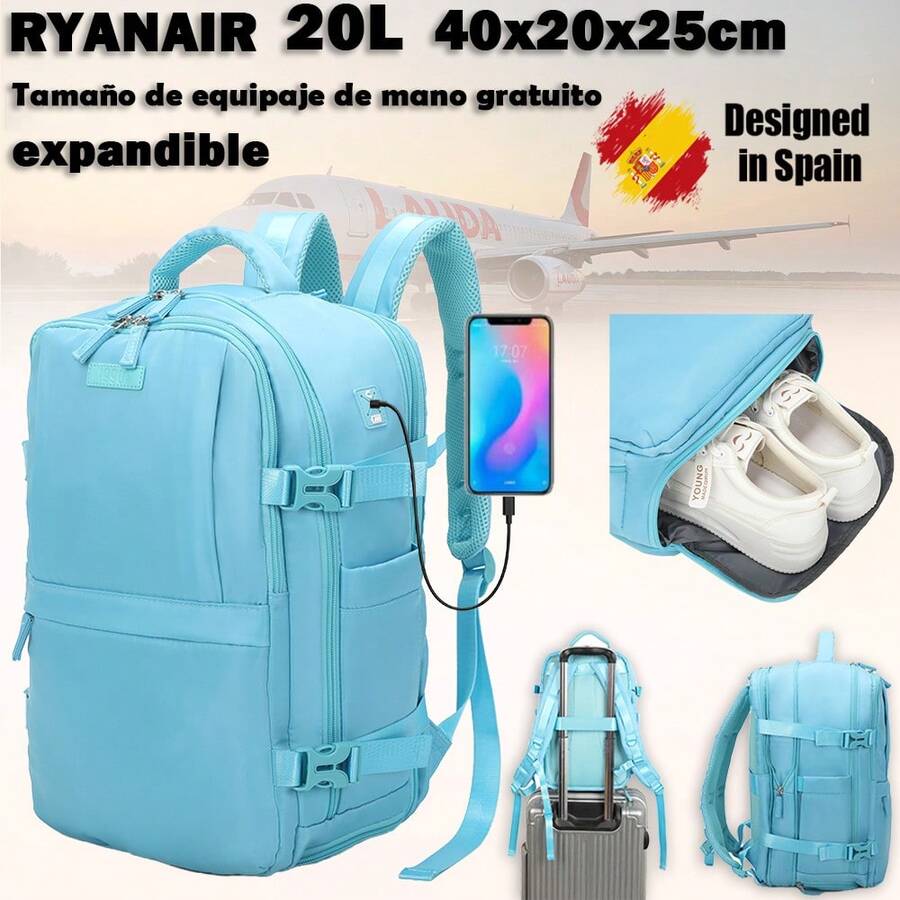 Ryanair Expandable Cabin Backpack (40x25x20-25cm - 20L-25L) - With Shoe Bag - Multifunctional - Expandable Waterproof Casual Daypack Fits 15" Laptop - Army Green/Blue/Purple/Black/Pink/Khaki/Beige - Màu xanh lam - Xem 1