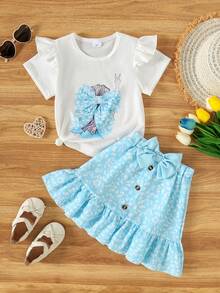 Summer Young Girls Cartoon Girl Backprint Ruffle Trim Short Sleeve Casual Top And Button Bow Ruffle Hem Ditsy Floral Skirt 2 Piece Set - Baby Blue - View 1