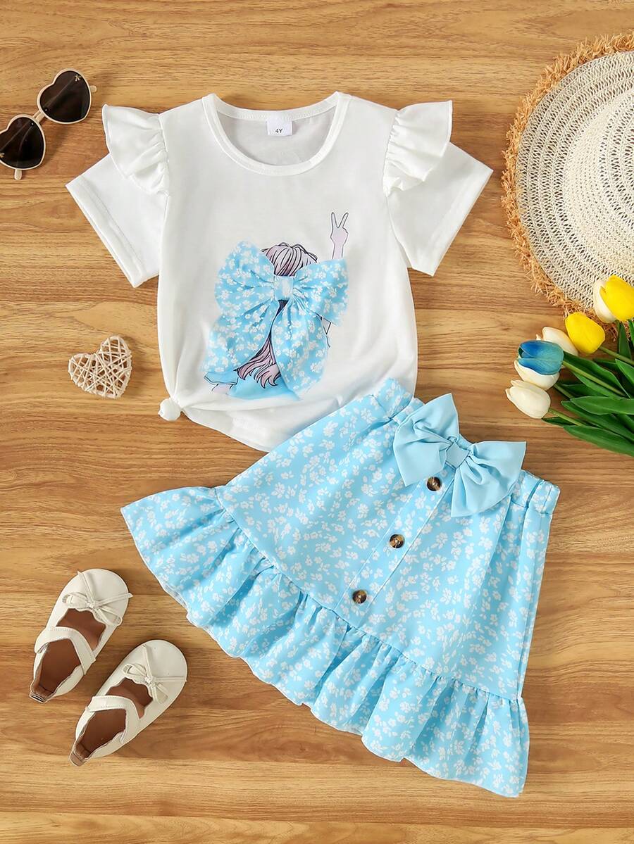 Summer Young Girls Cartoon Girl Backprint Ruffle Trim Short Sleeve Casual Top And Button Bow Ruffle Hem Ditsy Floral Skirt 2 Piece Set - Baby Blue - View 1