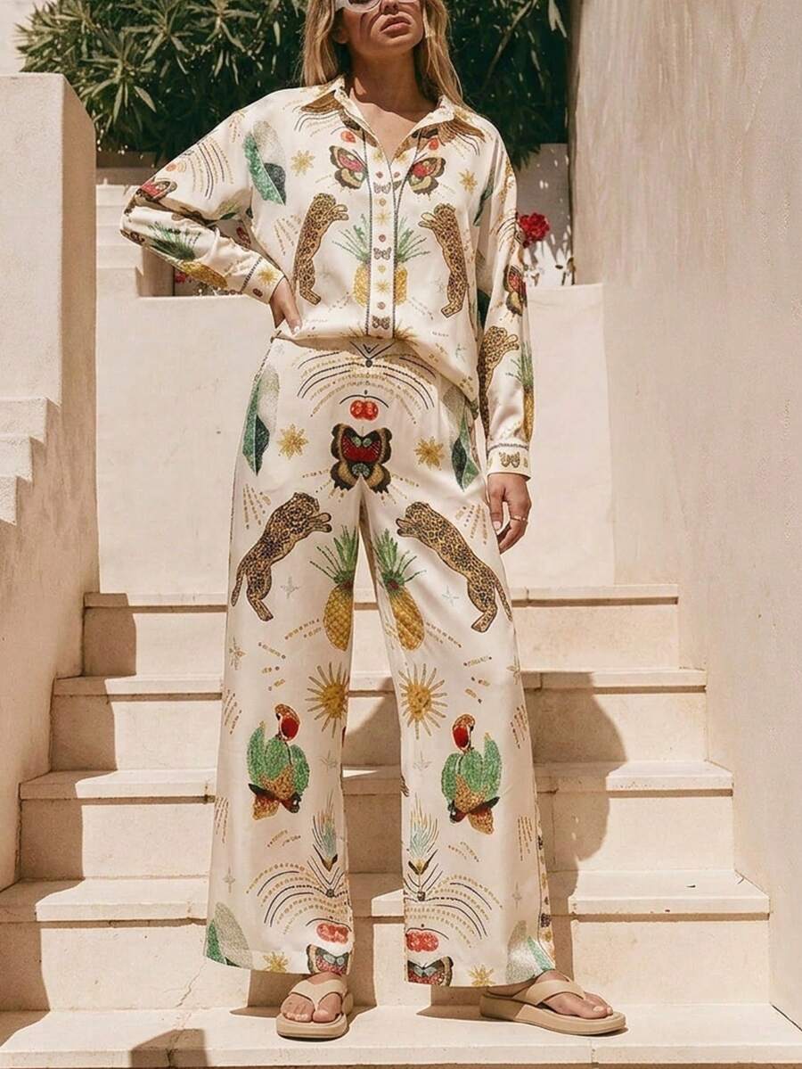 女士轻薄印花长袖衬衫和长裤两件套休闲套装，春夏款