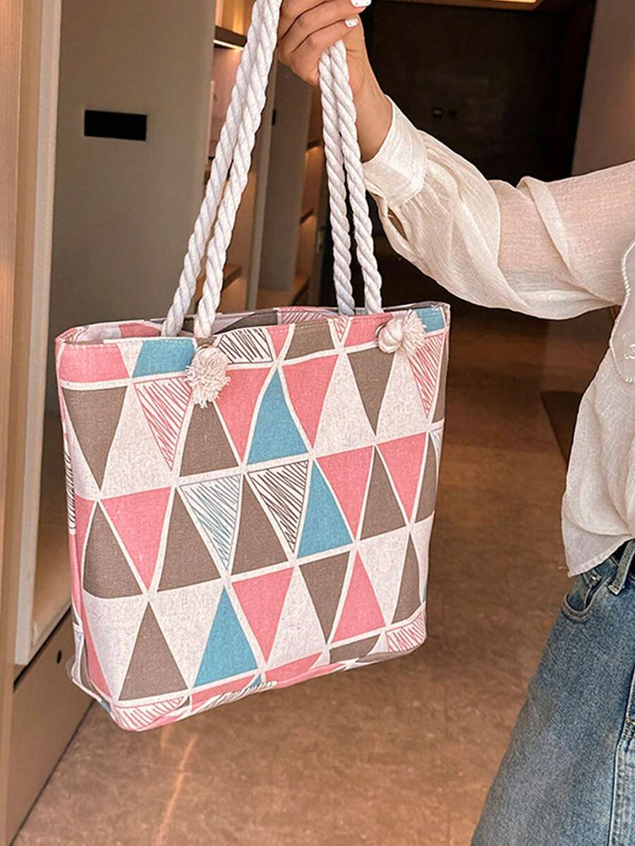 新款帆布手提包，大容量，加粗绳肩带，时尚百搭单肩休闲通勤包，女士款 - 彩色 - 查看 1