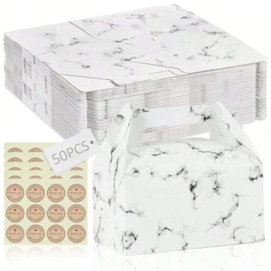 50Pcs Cajas para Dulces Cajas para Postres Caja de Cartón Tipo Box Lunch con Asa Cajas de Regalo para Fiestas para Regalos Fiestas y Eventos 16.2 * 9 * 16.2cm Mármol - Mrmol - Ver 1