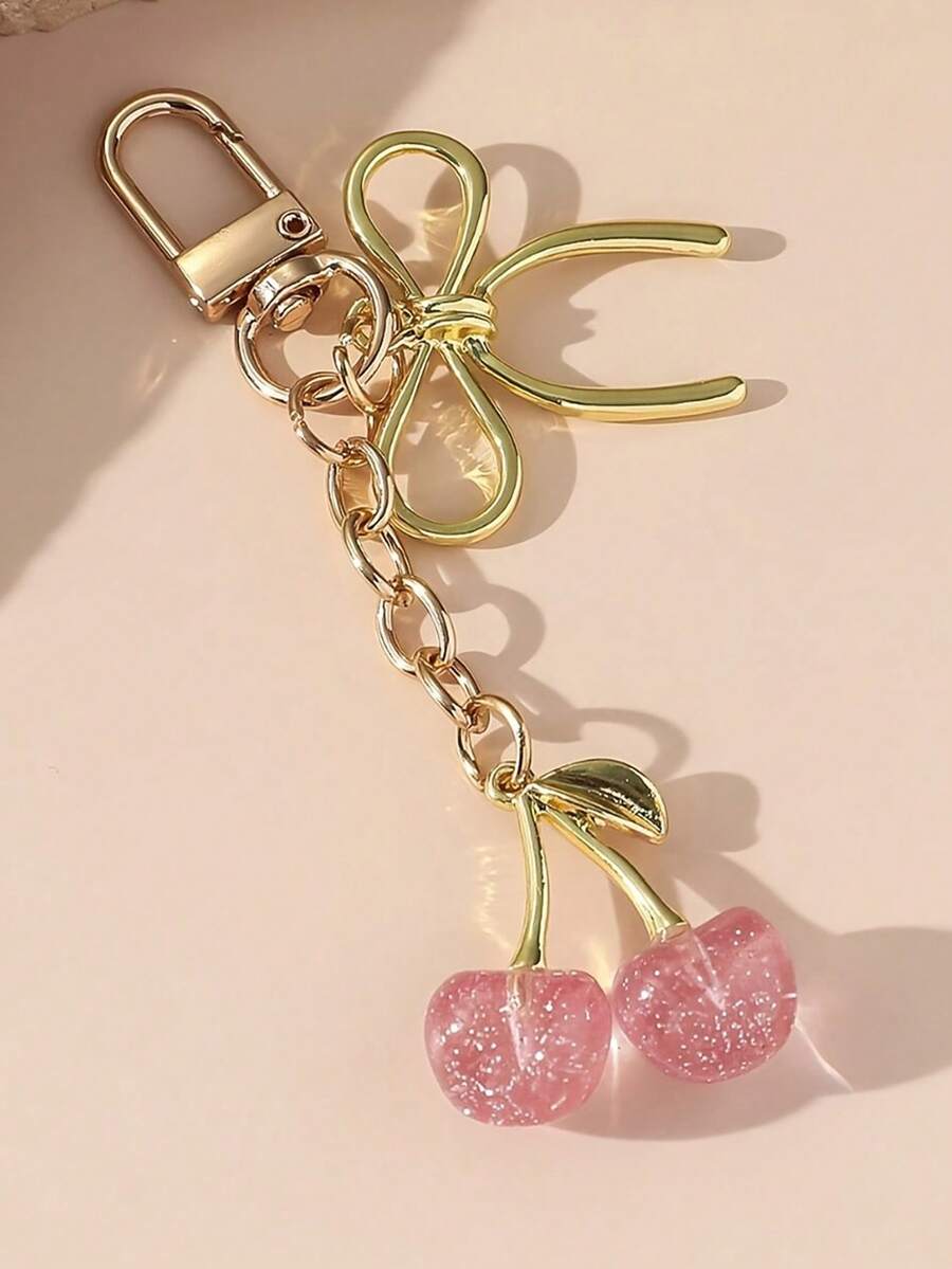 1 móc khóa hoa anh đào màu hồng unisex, mặt dây chuyền hình nơ thời trang, phụ kiện túi xách phong cách sang trọng. - Hồng - Xem 1