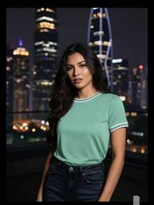 Women's Baby Look Blouse With Short Ribbed Knit, Round Neck, And Elegant Basic Detail - verde menta - Ver 1