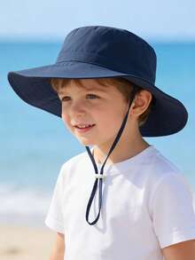 2 piezas Sombrero de sol para niños de unicolor con estampado de dinosaurio y correa para la barbilla, sombrero de cubo de protección solar de verano para la playa - Cara sonriente azul marino y gris - Ver 2