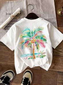 Camiseta Casual de Cuello Redondo para Mujer, Talla Grande, Manga Corta, Estampado de Palmeras Coloridas, Adecuada para el Estilo de Vacaciones de Verano, Blanca - Blanco - Ver 3