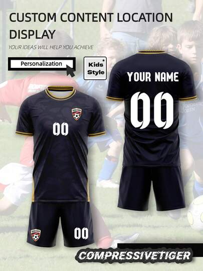 2 st/set personlig fotbollströja för småbarnspojkar - Anpassningsbar namn- och nummertryckt randig dekor kortärmad t-shirt + shorts set, snabbtorkande fukttransporterande sportoutfit, lämplig som present, multifunktionell, snabbtorkande, dekorativ, bokstavstryck, moderiktig, snygg, mjuk, modern, färgglad, söt, casual, anpassningsbar, personlig, unik, anpassad, babypresent, perfekt present till honom, perfekt present till henne, son, dotter