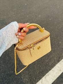 1 pieza Bolso cuadrado negro casual y versátil, de tela de cuadros bordada a la moda, adecuado para oficina, teléfono, lápiz labial, almacenamiento de monedas - Caqui - Ver 6