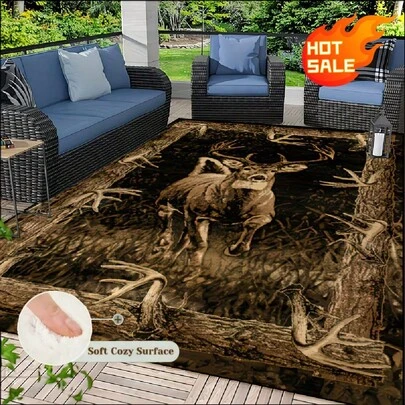 1PC Hunting Theme Area Rug, Realistic Buck Deer And Antler Print Velvet Carpet, Soft Cozy Surface Non-Slip Floor Mat, Suitable For Living Room, Bedroom, Dining Room, Entryway, Hallway, Kitchen, Bathroom, Patio, Garden, Doorstep, Under Sofa, Bedside, Indoor & Outdoor Use | Machine Washable Easy Clean Throw Rugs