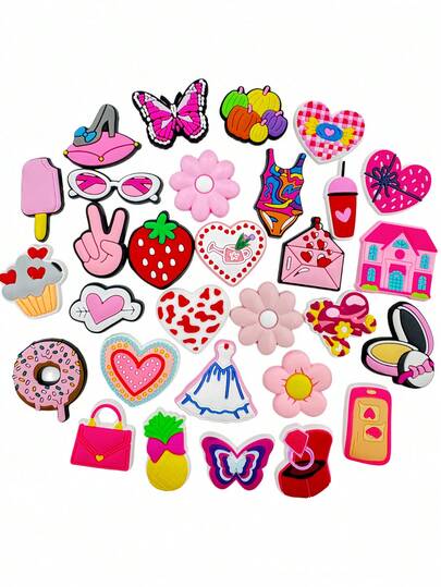 30 piezas de una serie de colores rosa aleatorios, amor, frutas, donas, fresas y otros accesorios para zapatos, adecuados para zuecos, chanclas de burbujas, sandalias, etc., materiales de PVC, accesorios para bolsas de playa, ideas de regalo para cumpleaños, Navidad, San Valentín, Halloween, regalos para fiestas