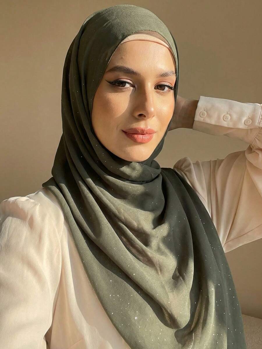 1条女士亮片珍珠雪纺柔软头巾,阿拉伯休闲长款亮片围巾,适合日常、海滩、度假佩戴 - 軍綠色 - 查看 1