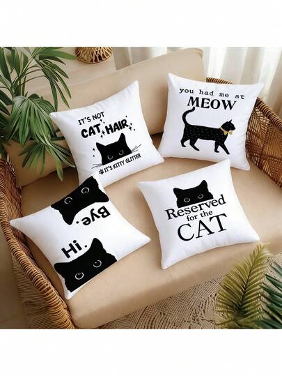 4 vỏ gối trang trí họa tiết mèo - Màu đen, chất liệu polyester, không cần ruột gối - Lý tưởng để trang trí ghế sofa, giường, xe hơi và phòng khách.