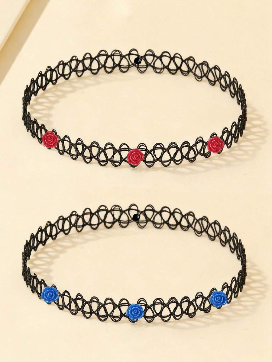1 pièce Collier ras-du-cou femme à fleur de rose tressé en fil de pêche, collier polyvalent - Multicolore - Voir 1