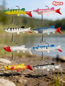 GOTURE 8pcs Dogfish Second-Generation Large T-Tail Lead Soft Bait, Biomimetic Soft Fish Lure, T-Shaped Tail Design, Stable Long-Range Large Disturbance, 3D Simulated Fish Eye, Suitable For Seawater And Freshwater, Suitable For Trout And Black Bass - Multicolor - View 1