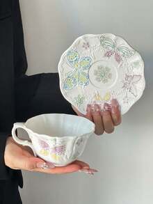 1 Set Embossed Matte Ceramic Coffee Cup & Saucer, French Ins-Style High-Quality Design, Large Capacity Elegant Mug, Ceramic - Suitable For Coffee, Milk, Entertaining Guests/Relatives, Exquisite Gift - Multicolor - View 9