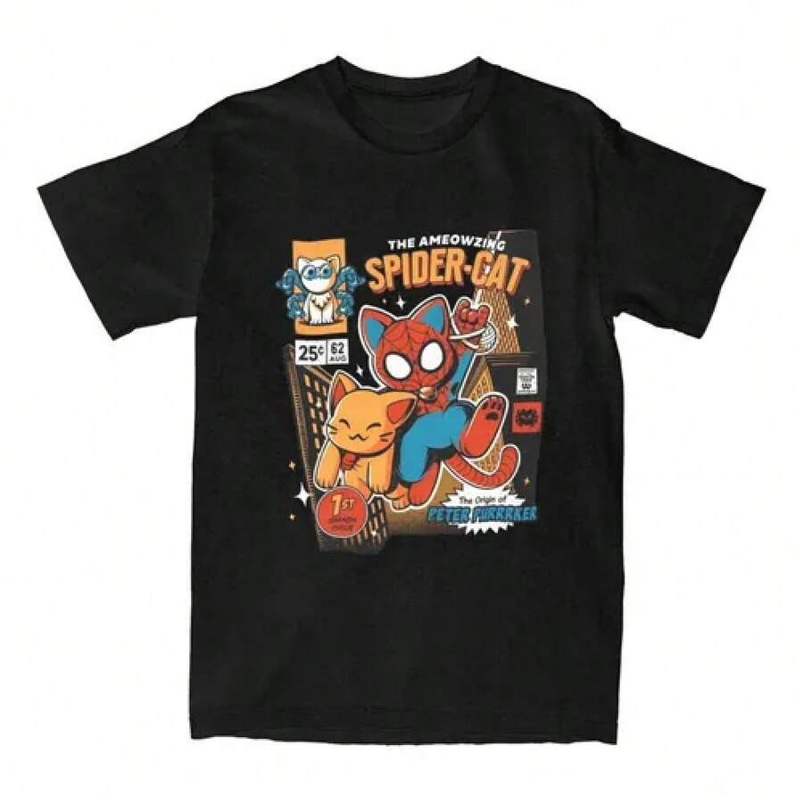 Loose Short Sleeve T-Shirt Camiseta De Verano Con Dibujos Animados De Spiderman Y Gato ,T-Shirts Women Fun Tees Crew Neck Short Sleeve T Shirts Women Clothing Harajuku T Shirts Tee Summer Tops,,1 Piece,Family Matching Outfits, Vintage Streetwear Graphic Oversized Cotton Tops&High Street Printed T-Shirt - Black - View 1