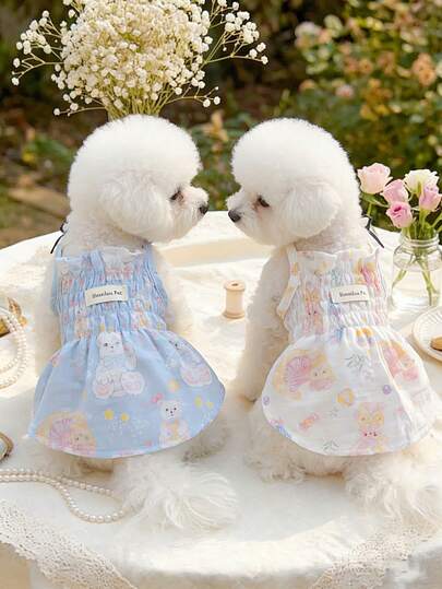 Đầm yếm in họa tiết nhẹ nhàng dễ thương cho thú cưng - Trang phục thoáng khí, nhẹ nhàng dành cho chó và mèo nhỏ/vừa, họa tiết hoa, thỏ, gấu đa năng, phù hợp cho chó Shiba Inu, Yorkshire Terrier vào mùa hè.