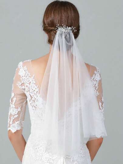 1pc Soft Yarn Rhinestone Leaf Headdress Decoration Bridal Veil