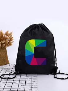 1pc Geometric Colorblock A-Z Letter Drawstring Backpack, Rainbow Letter Print Cinch Bag, Lightweight Sports Fitness Travel School Backpack - Black - View 31