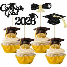 12pcs Congrats Grad 2026 Cake Toppers - Graduation Diploma & Cap Cake Decorations For High School, College 2026 Graduation Party - Black - View 6