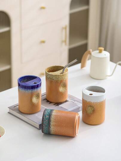 1 pièce Tasse à café en céramique de 520 ml, grande tasse en céramique avec paille, tasse à café en céramique, tasse à paille en céramique cuite au four, options de couleurs multiples pour la décoration de la maison. Grande tasse à double usage pour thé au lait/café avec glaçure dégradée, tasse dédiée aux boissons glacées, tasse de petit-déjeuner, tasse à boissons