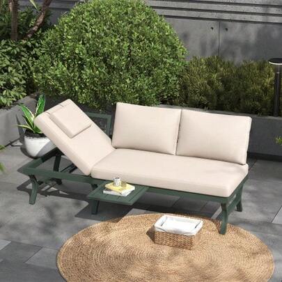 Tuinset, buitenbank, 3-zitsbank met verstelbare rugleuning (5 standen, tot 55°), inclusief tafel, gegalvaniseerde stalen buizen, inclusief tafel (positie kan worden gewijzigd), groen
