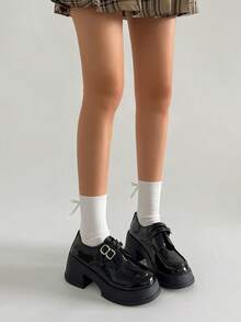 1 đôi giày Mary Jane đế cao bằng da PU màu trơn, kiểu dáng học sinh, phù hợp để mang đi làm mọi mùa. - màu đen - Xem 6