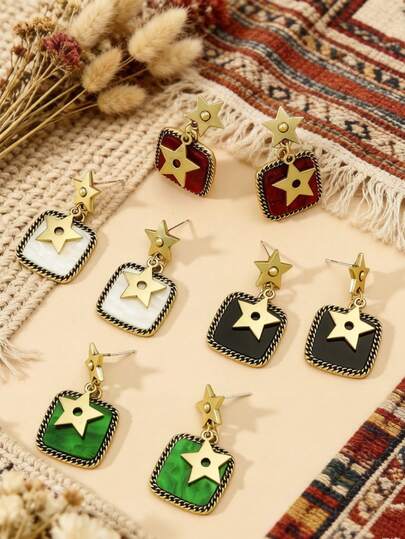 Pendientes bohemios vintage con tono dorado en forma de estrella y cuadrado con incrustación de perla falsa, pendientes colgantes retro para mujeres, regalo de joyería de declaración