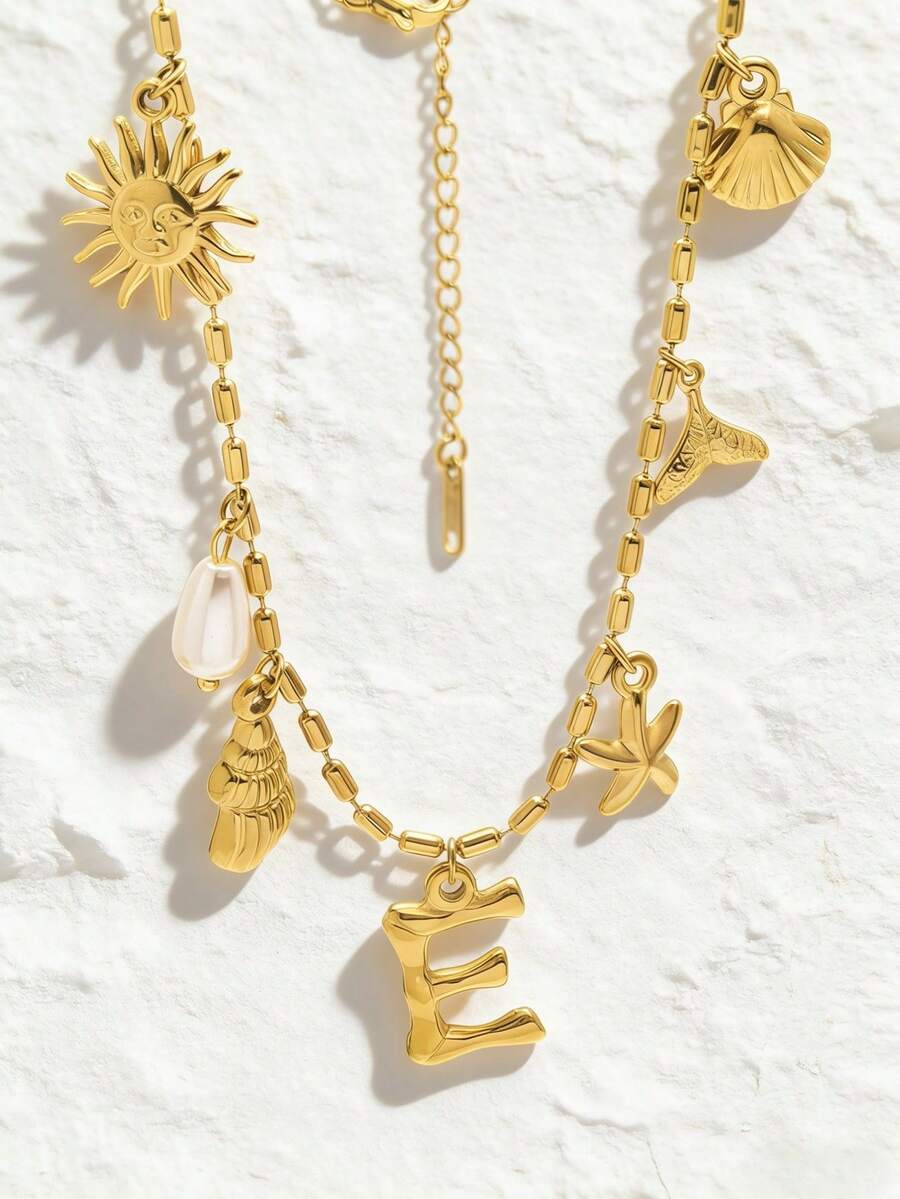 1 chiếc dây chuyền chữ bằng thép không gỉ mạ vàng 18K, kiểu dáng Ins, hình vỏ sò, ốc xà cừ, trang sức nữ, dây chuyền vàng, phong cách Bohemian, quà tặng tinh tế, hình sao biển. - Vàng - Xem 1