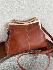 Tas Selempang Kulit PU untuk Wanita, Tas Tangan dengan Gesper Bergaya Vintage, Tali Bahu yang Dapat Diatur, Tas Bahu Tunggal Ringan Warna Polos dengan Lapisan Poliester - Coklat - View 8