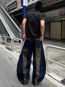 1pc Justice Brother Casual High Street Niche Design Leopard Print Patchwork Men's Blue Denim Jeans, Versatile Loose Fit Wide Leg Pants, All Season - Blue - View 7