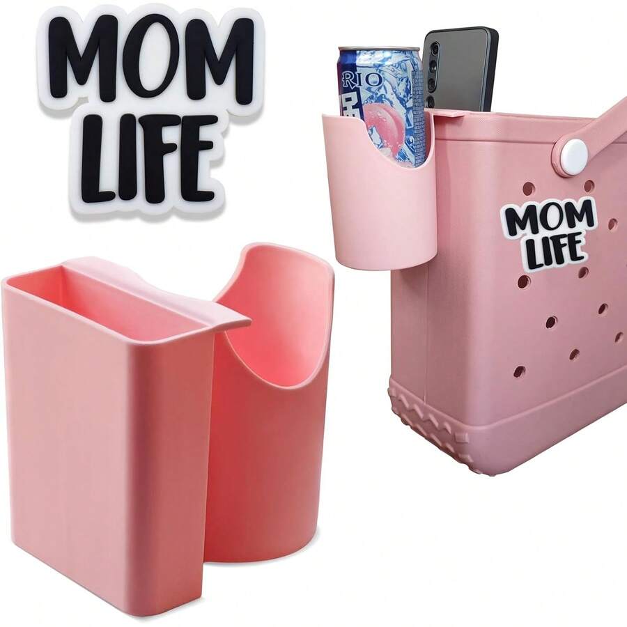 Phone And Cup 2in1 Holder For Bogg Bag,Multifunction Organizer Accessories For Rubber Beach Tote,Compatible With All Brands/Sizes Beach Bag & 20/30 Oz Stanley Tumbler-Pink - 黑色 - 查看 1