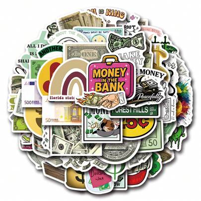 60PCS Money Stickers Pack, For Scrapbooking, Diary, Laptop, Bumper, Skateboard, Water Bottle, Computer, Phone, Greeting Cards, Hard Hat, Car, Tablet, Photo Albums, Furniture, Holiday Decorations