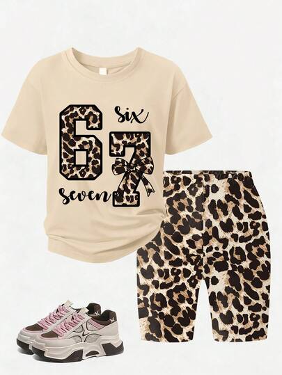 Set van 2 stuks: Meisjes Gemini T-shirt met luipaardprint "67" en strik, ronde hals, korte mouwen + legging/short met luipaardprint (willekeurige snit), lente/zomer outfit, nieuw binnen